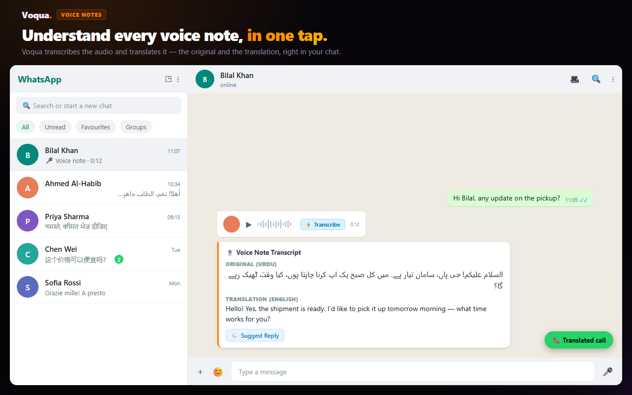 Voqua transcribing and translating a WhatsApp voice note in one tap